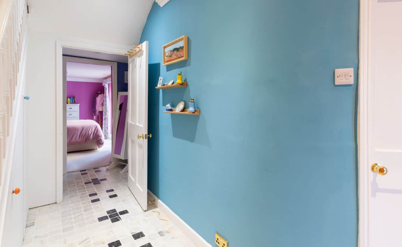 hallway design in cheltenham curved wall in blue seasonal soul home
