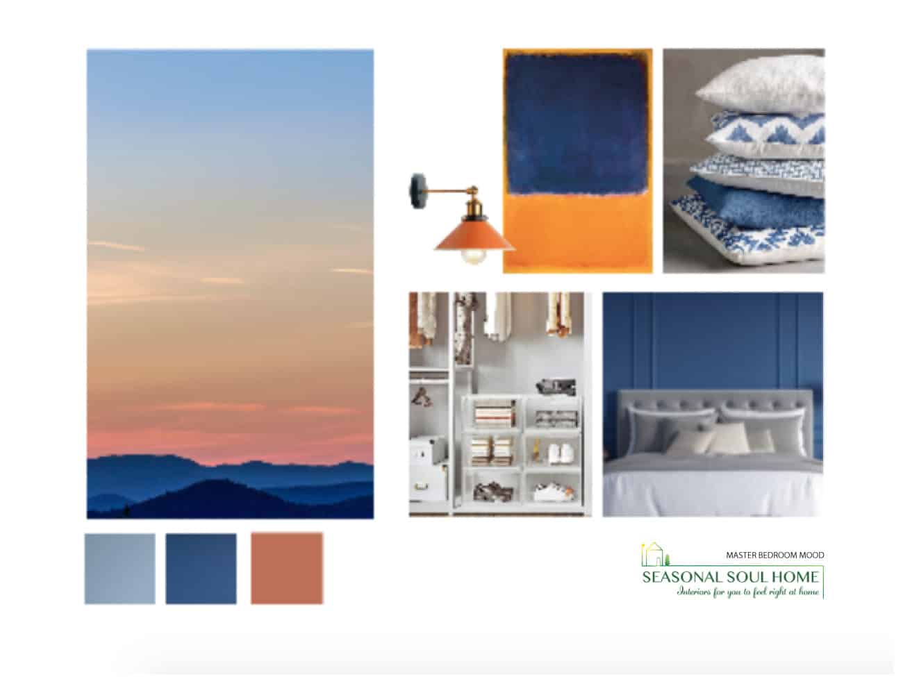 moodboard for bedroom design in coventry warwickshire blue sunset colours copyright seasonal soul home