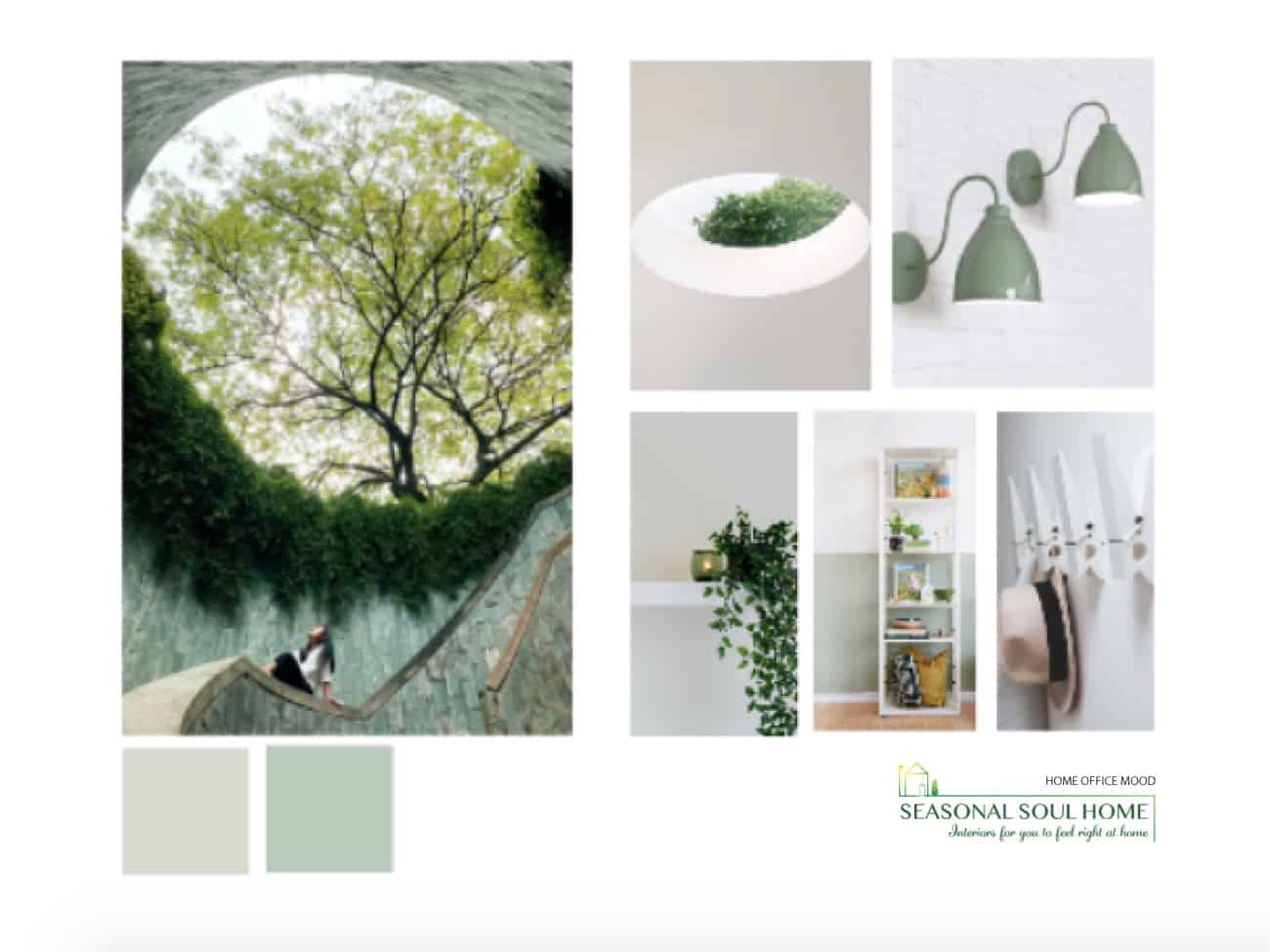 moodboard for home office design in coventry warwickshire calming green colours copyright seasonal soul home