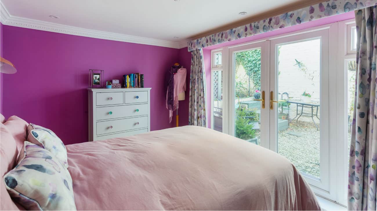 bedroom design cheltenham purple with watercolour fabric curtains and pelmet Gloucestershire feeling right at home seasonal soul home